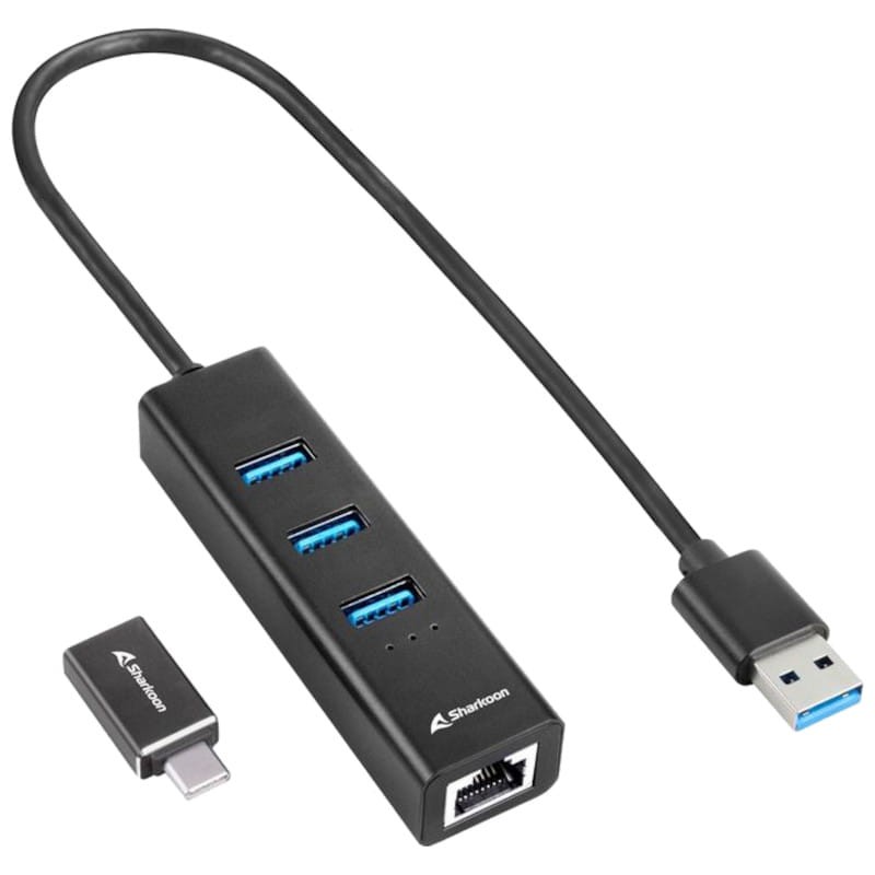 Sharkoon HUB USB 3.2 Alluminium HUB + RJ45 e USB Tipo C Preto - HUB - Item