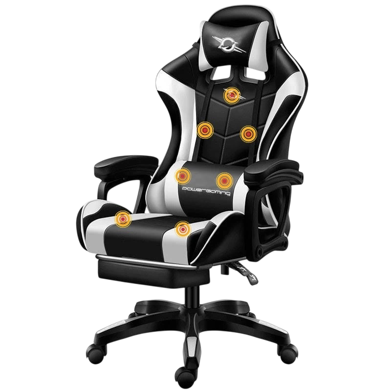 Cadeira Gaming PowerGaming Massagem 7 pontos Branco / Preto Apoio para os pés - Sem Selo - Item