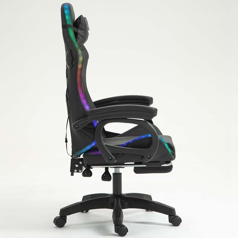 vista lateral da Cadeira Gaming PowerGaming LED RGB com Altifalante Bluetooth, Massagem e Apoio para Pés Preto