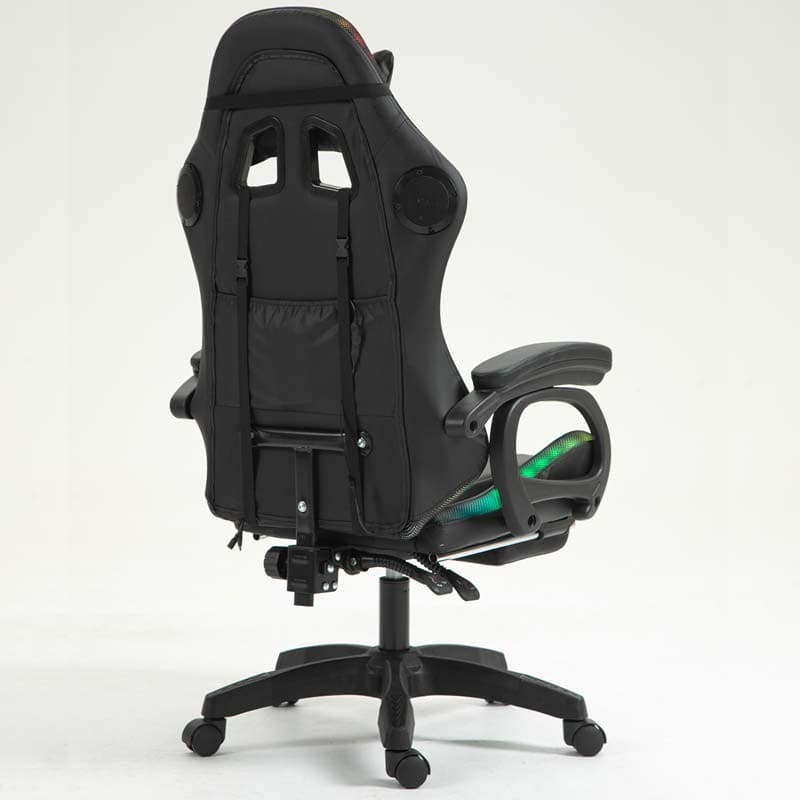 vista traseira e lateral daCadeira Gaming PowerGaming LED RGB com Altifalante Bluetooth, Massagem e Apoio para Pés Preto