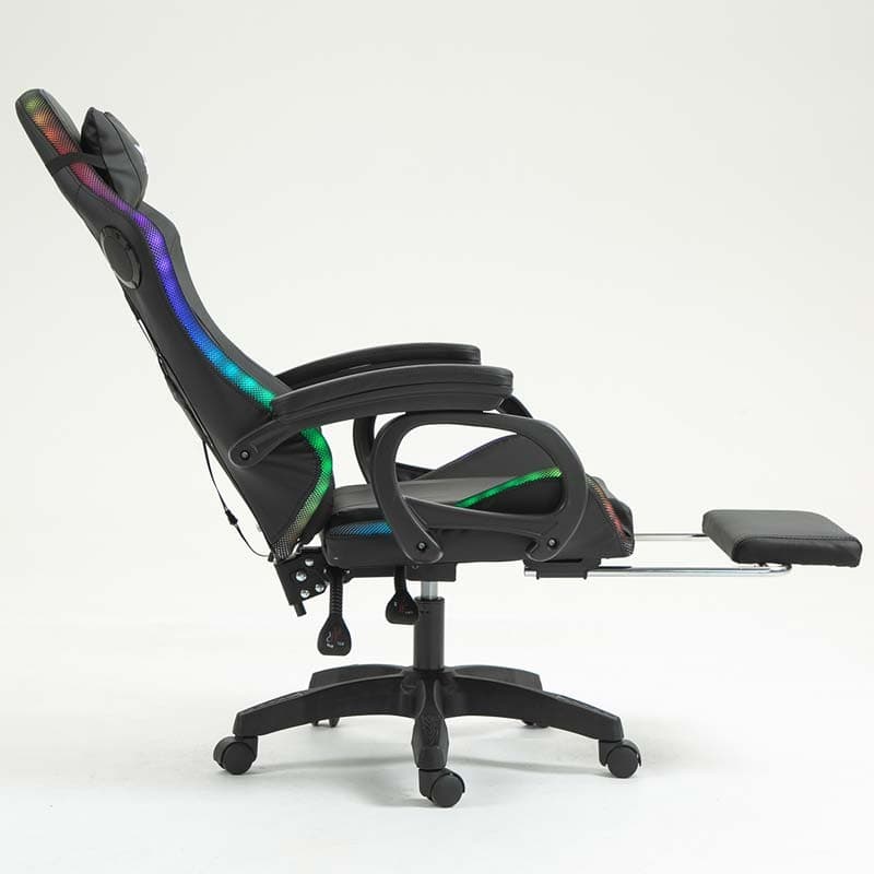 vista lateral da Cadeira Gaming PowerGaming LED RGB com Altifalante Bluetooth, Massagem e Apoio para Pés Preto reclinada