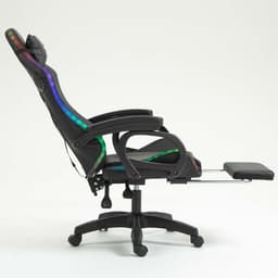 vista lateral da Cadeira Gaming PowerGaming LED RGB com Altifalante Bluetooth, Massagem e Apoio para Pés Preto reclinada