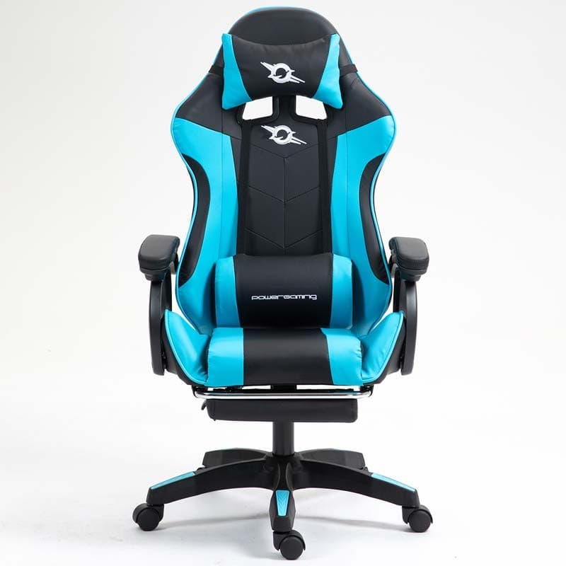 vista frontal e lateral da Cadeira Gaming PowerGaming com 7 pontos de Massagem e Apoio para Pés Preto+Azul