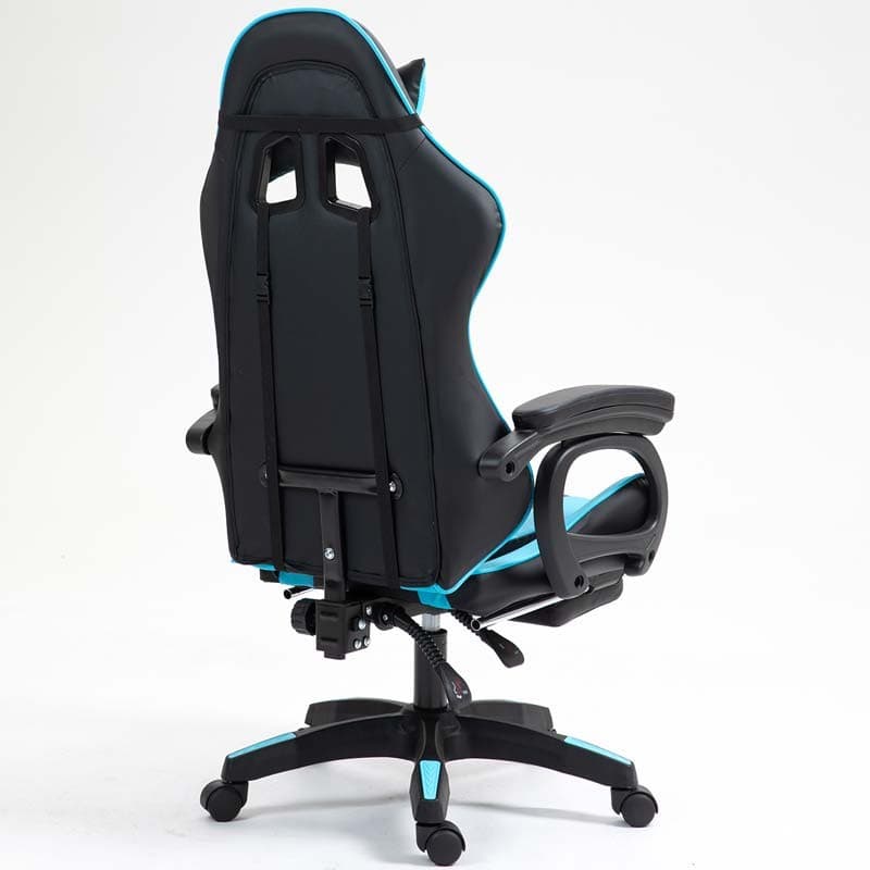 vista traseira e lateral da Cadeira Gaming PowerGaming com 7 pontos de Massagem e Apoio para Pés Preto+Azul