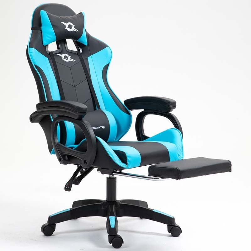 vista frontal da Cadeira Gaming PowerGaming com 7 pontos de Massagem e Apoio para Pés Preto+Azul reclinada