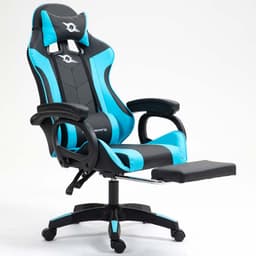 vista frontal da Cadeira Gaming PowerGaming com 7 pontos de Massagem e Apoio para Pés Preto+Azul reclinada