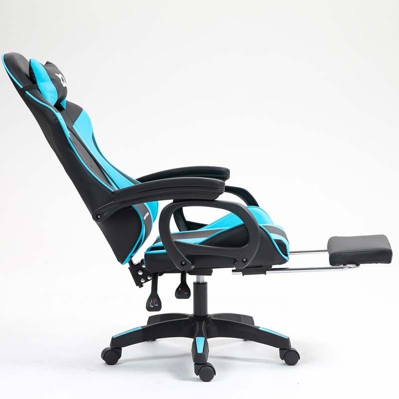 vista lateral da Cadeira Gaming PowerGaming com 7 pontos de Massagem e Apoio para Pés Preto+Azul reclinada
