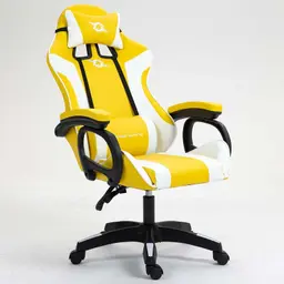 vista frontal da Cadeira Gaming PowerGaming Branco+Amarelo reclinada