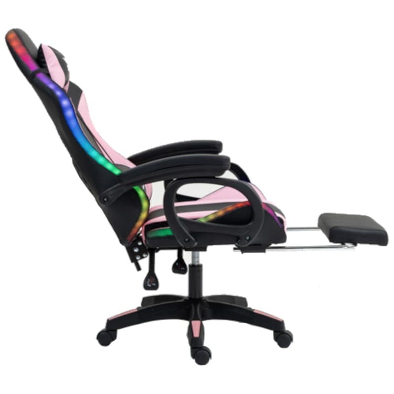 Repose-pieds pour chaise PowerGaming LED RGB noir+rose Vue du côté droit avec repose-pieds déployé