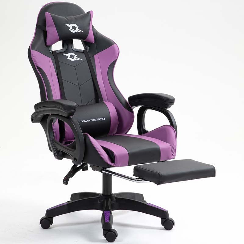 vue de face de la Chaise Gaming PowerGaming avec Repose-pieds Noir+Lilas inclinée