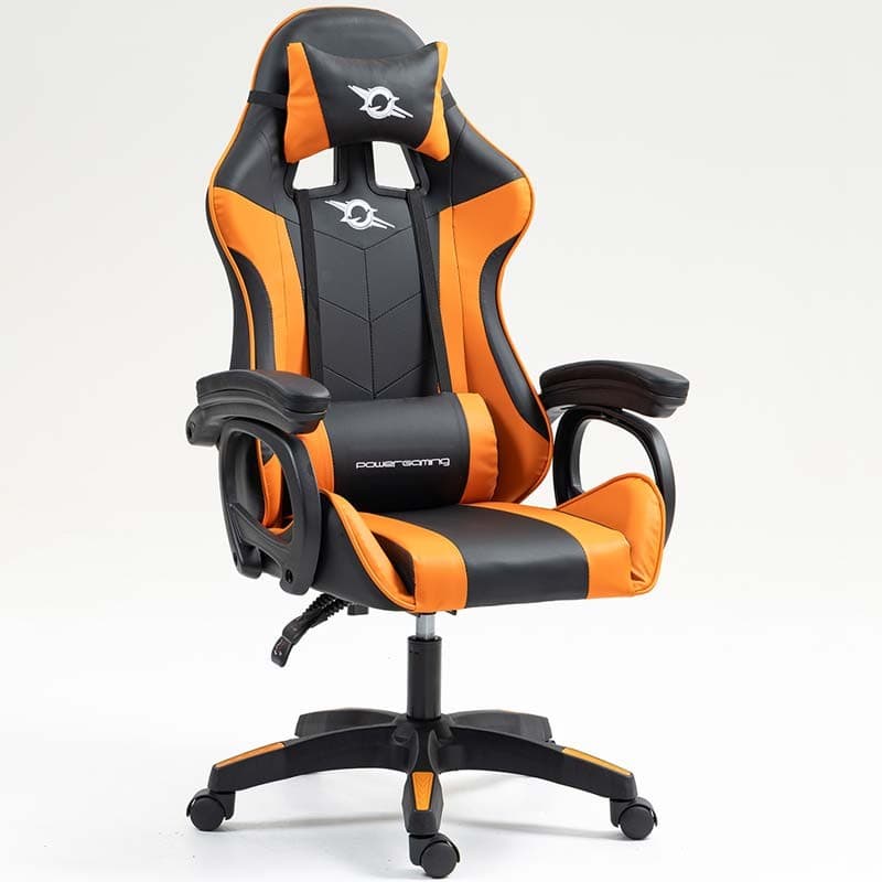 vista frontal y lateral de la Silla Gaming PowerGaming Negro+Naranja