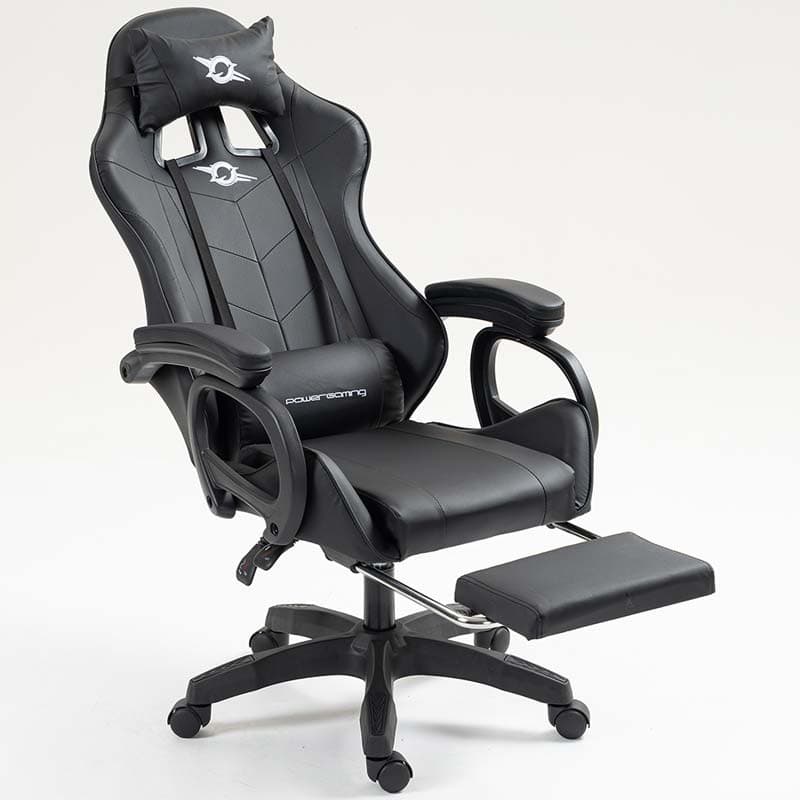 vista frontal da Cadeira Gaming PowerGaming com 7 pontos de Massagem e Apoio para Pés Preto reclinada