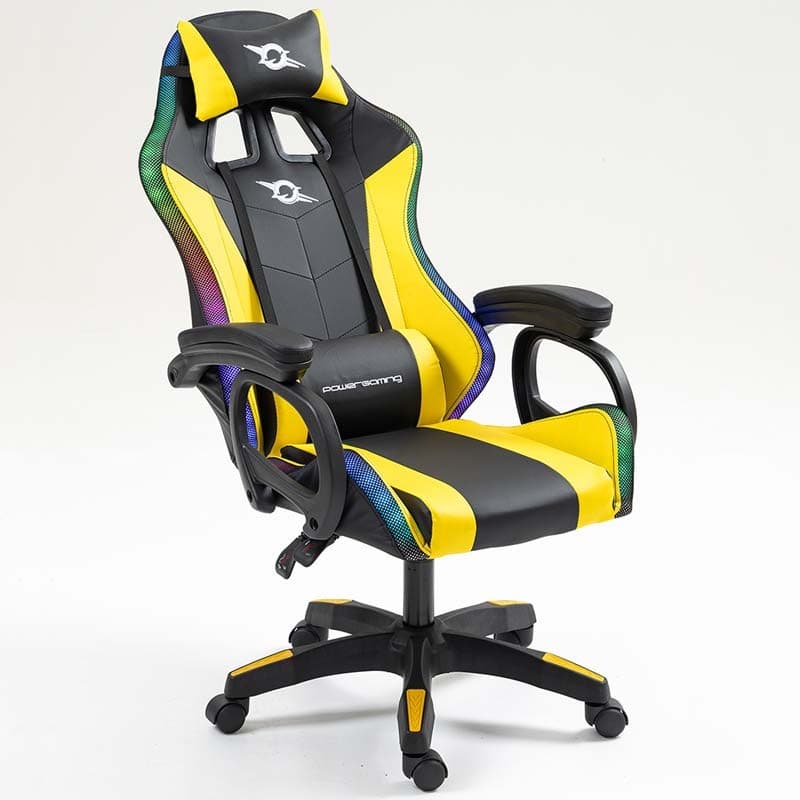 vista frontal da Cadeira Gaming PowerGaming LED RGB Preto+Amarelo reclinada