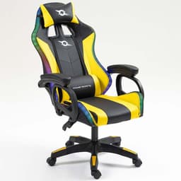 vista frontal da Cadeira Gaming PowerGaming LED RGB Preto+Amarelo reclinada