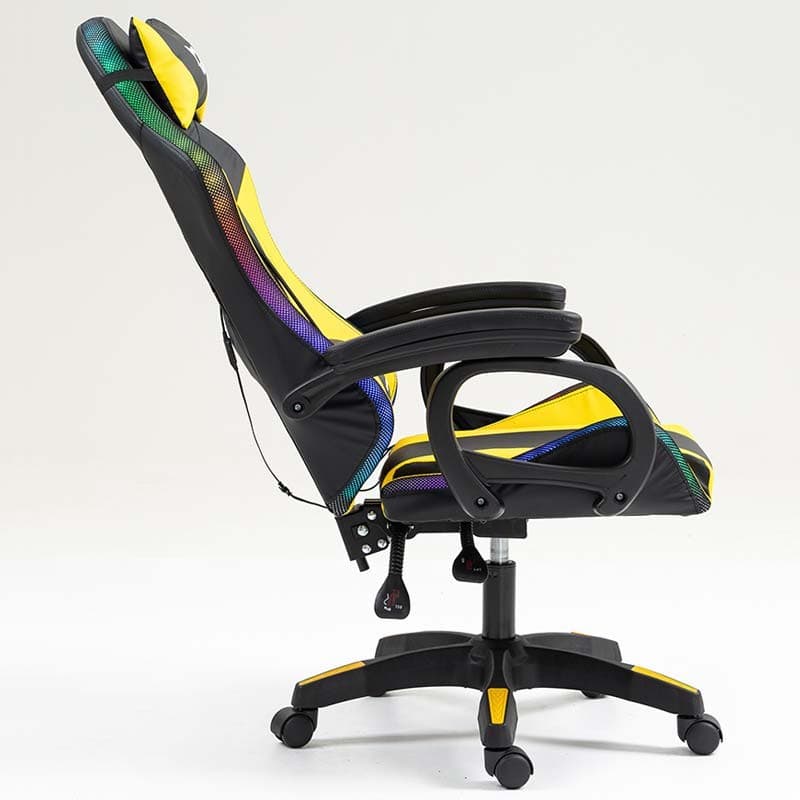 vista lateral da Cadeira Gaming PowerGaming LED RGB Preto+Amarelo reclinada