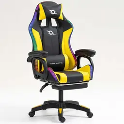 vista frontal y lateral de la Silla Gaming PowerGaming LED RGB con Reposapiés Negro+Amarillo