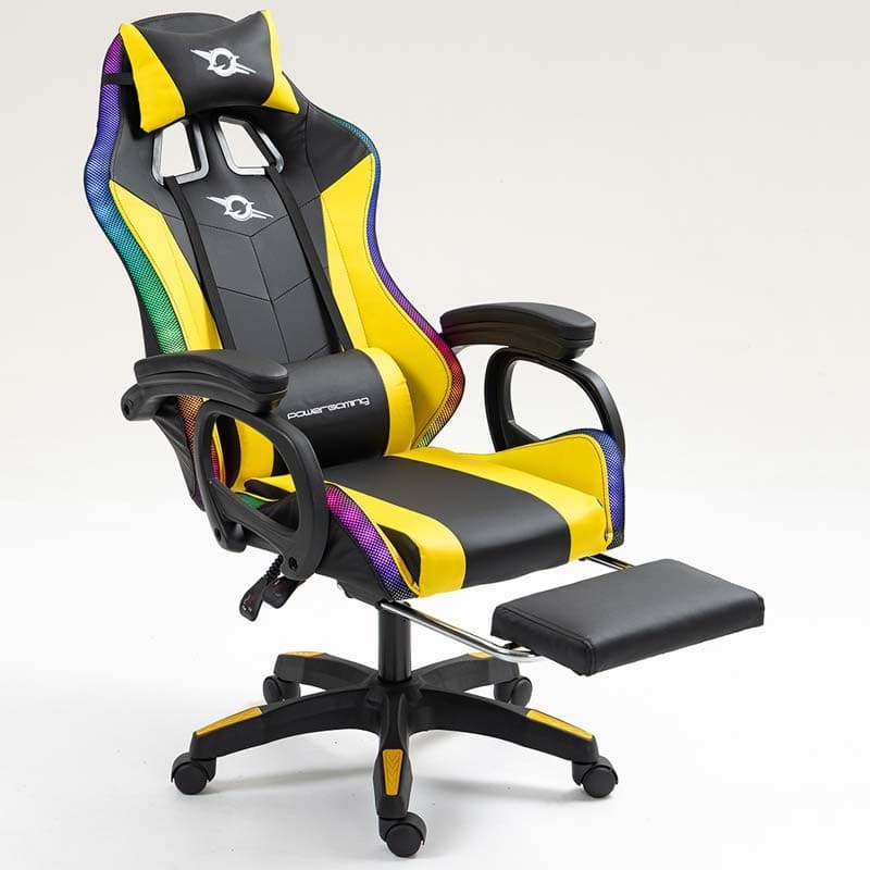 vista frontal de la Silla Gaming PowerGaming LED RGB con Reposapiés Negro+Amarillo reclinada