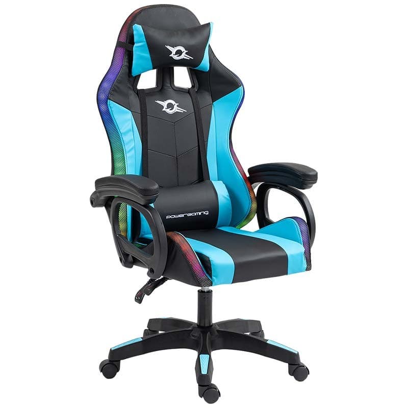 vue de face et de côté de la Chaise Gaming PowerGaming LED RGB Noir+Bleu