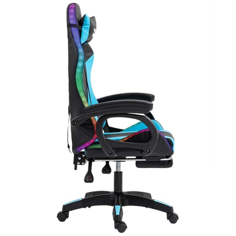 vista lateral da Cadeira Gaming PowerGaming LED RGB com Apoio para Pés Preto+Azul