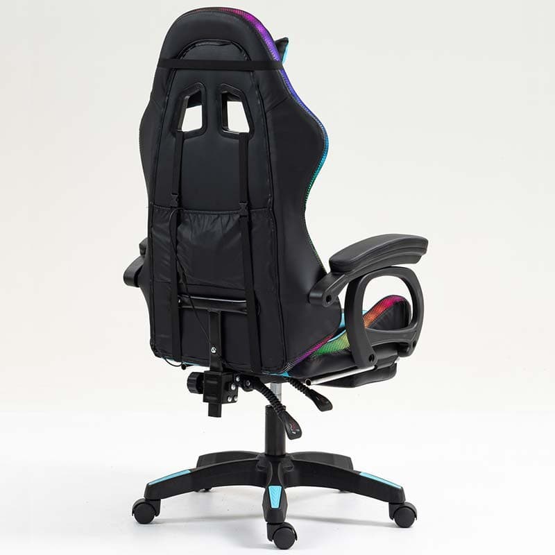 vista traseira e lateral da Cadeira Gaming PowerGaming LED RGB com Apoio para Pés Preto+Azul