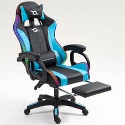 vista frontal da Cadeira Gaming PowerGaming LED RGB com Apoio para Pés Preto+Azul reclinada