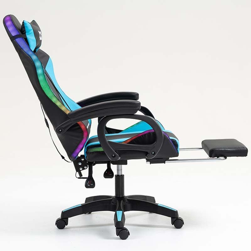 vista lateral da Cadeira Gaming PowerGaming LED RGB com Apoio para Pés Preto+Azul reclinada