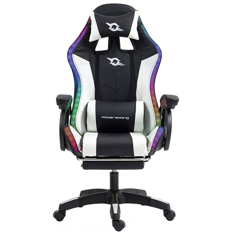 Silla Gaming PowerGaming LED RGB con Altavoz Bluetooth, Masaje y Reposapiés Negro+Blanco - Ítem