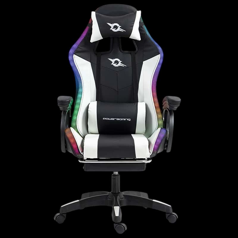 Chaise Gaming PowerGaming LED RGB avec Haut-parleur Bluetooth, Massage et Repose-pieds Noir+Blanc