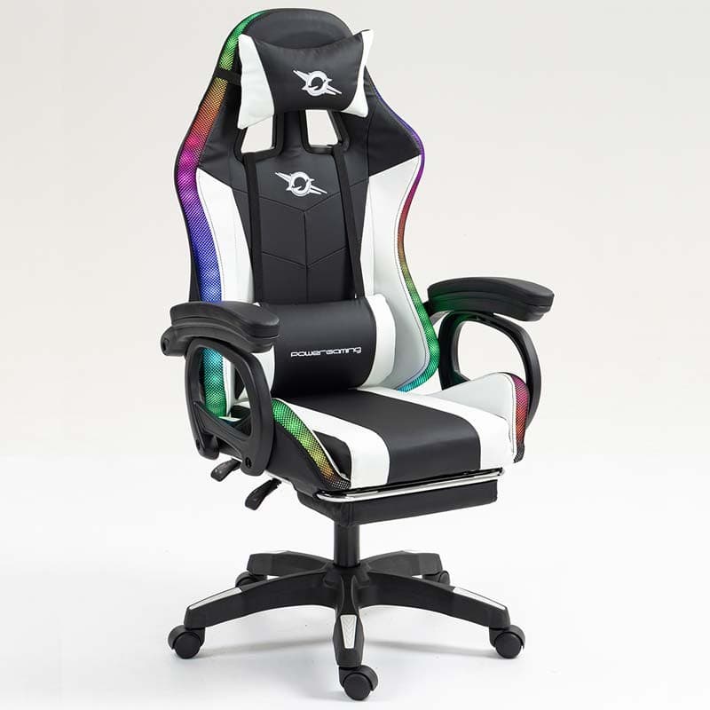 vue avant de la Chaise Gaming PowerGaming LED RGB avec Haut-parleur Bluetooth, Massage et Repose-pieds Noir+Blanc