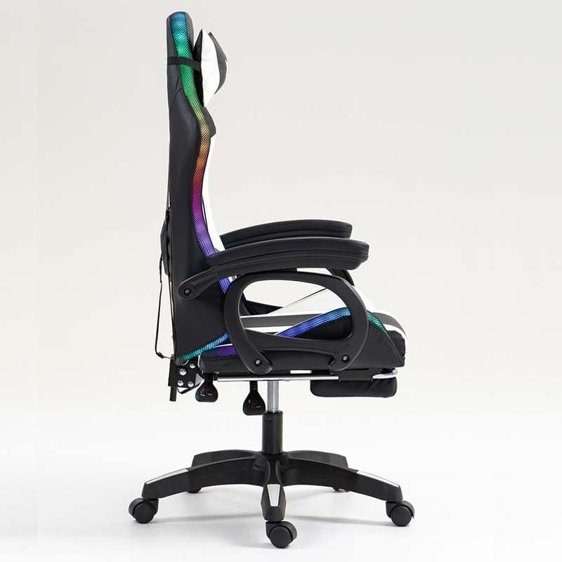 vue latérale de la Chaise Gaming PowerGaming LED RGB avec Haut-parleur Bluetooth, Massage et Repose-pieds Noir+Blanc