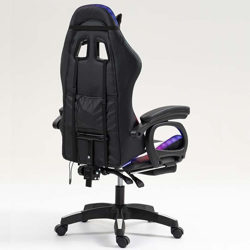 vista trasera y lateral de la Silla Gaming PowerGaming LED RGB con Reposapiés Negro+Blanco