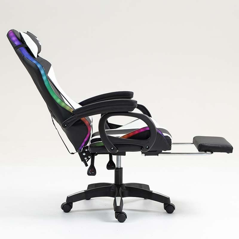 vue latérale de la Chaise Gaming PowerGaming LED RGB avec Haut-parleur Bluetooth, Massage et Repose-pieds Noir+Blanc avec dossier incliné
