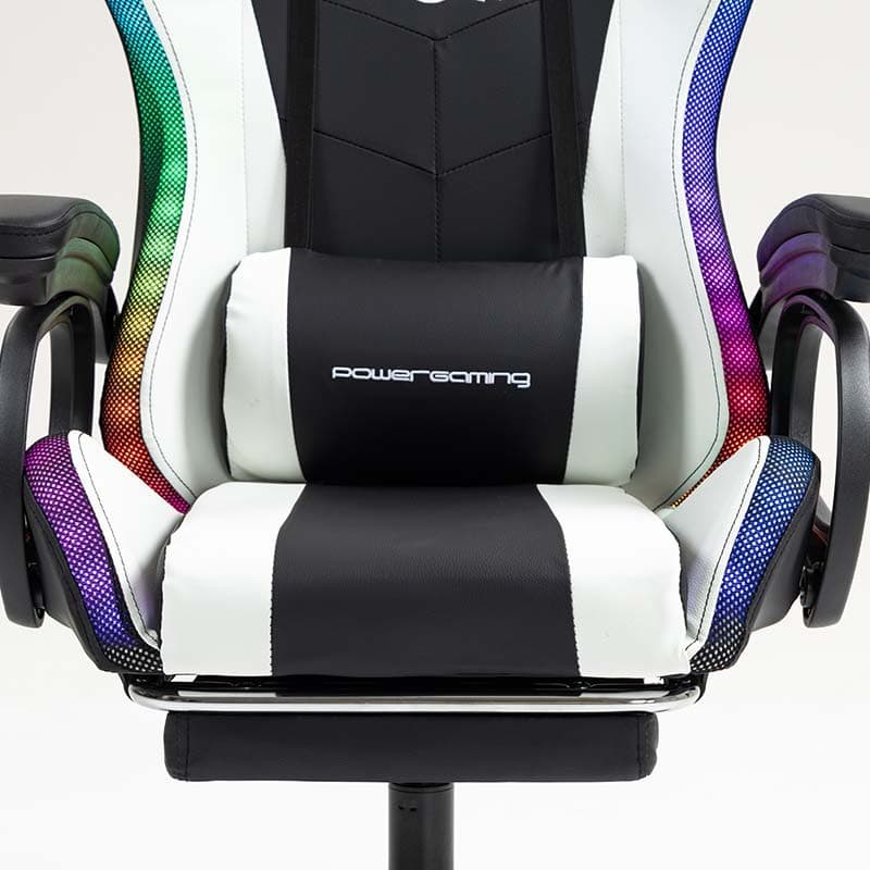 coussin lombaire de la Chaise Gaming PowerGaming LED RGB avec Haut-parleur Bluetooth, Massage et Repose-pieds Noir+Blanc