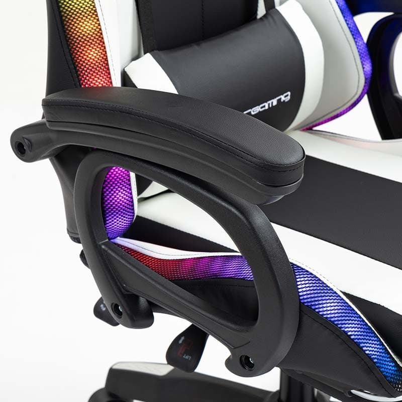 accoudoirs de la Chaise Gaming PowerGaming LED RGB avec Haut-parleur Bluetooth, Massage et Repose-pieds Noir+Blanc