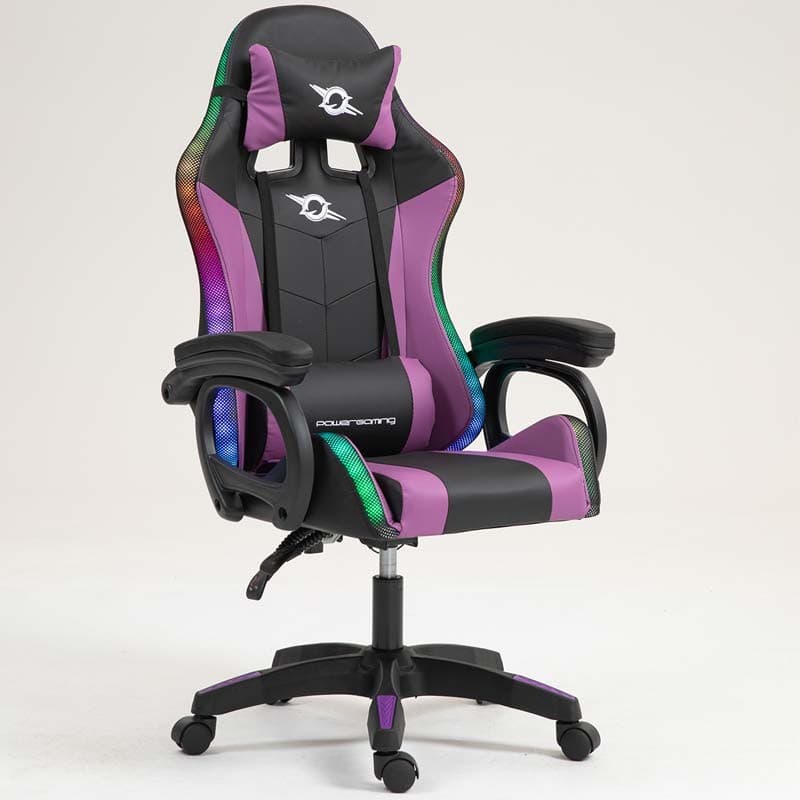 vista frontal e lateral da Cadeira Gaming PowerGaming LED RGB Preto+Lilás