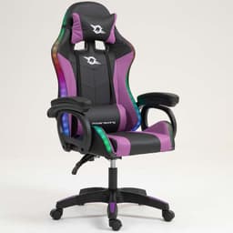 vista frontal e lateral da Cadeira Gaming PowerGaming LED RGB Preto+Lilás