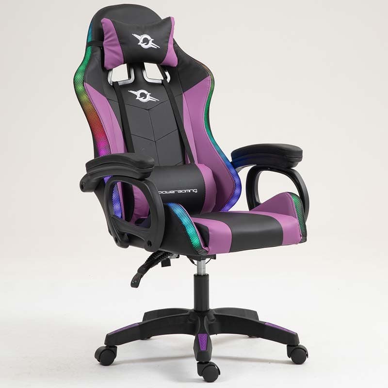vista frontal da Cadeira Gaming PowerGaming LED RGB Preto+Lilás reclinada