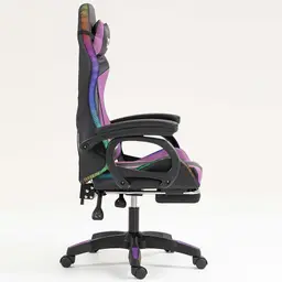 vue de côté de la Chaise Gaming PowerGaming LED RGB avec Repose-pieds Noir+Lilas