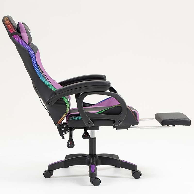 vue de côté de la Chaise Gaming PowerGaming LED RGB avec Repose-pieds Noir+Lilas inclinée