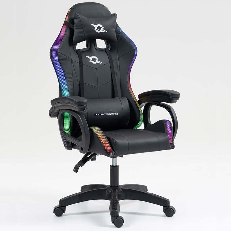 vista frontal e lateral da Cadeira Gaming PowerGaming LED RGB Preto