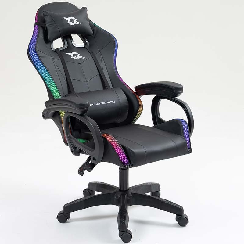 vista frontal da Cadeira Gaming PowerGaming LED RGB Preto reclinada