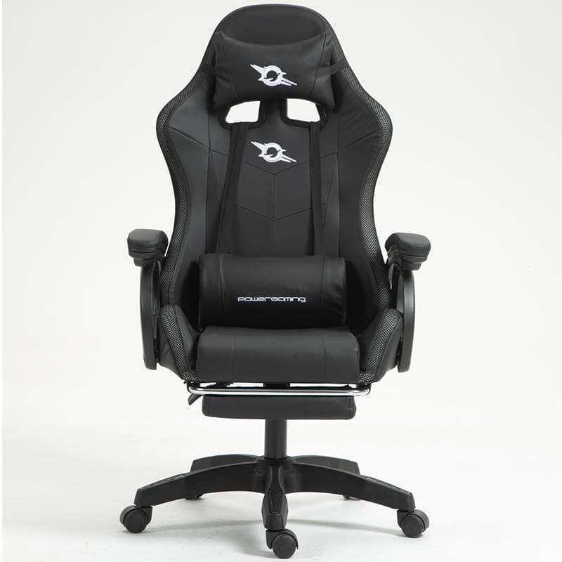 vista frontal da Cadeira Gaming PowerGaming LED RGB com Altifalante Bluetooth, Massagem e Apoio para Pés Preto