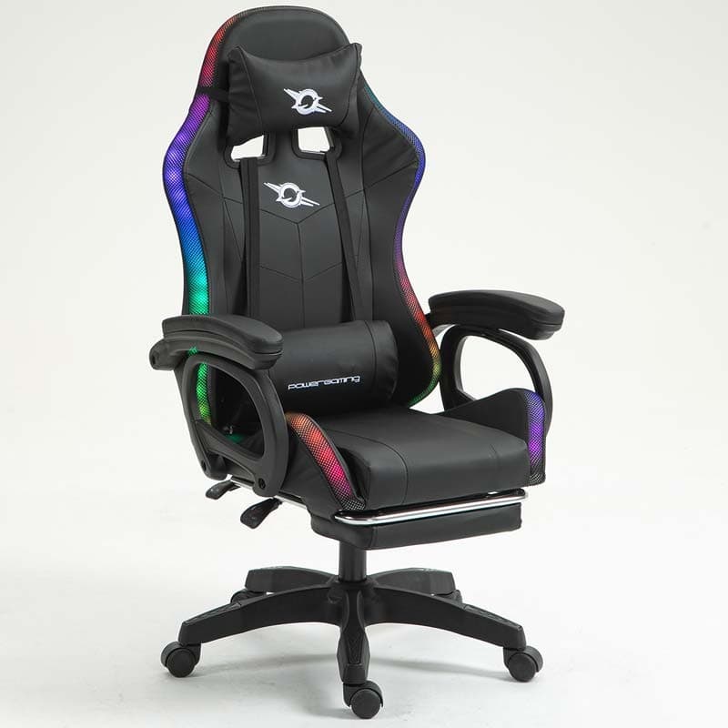 vista frontal e lateral da Cadeira Gaming PowerGaming LED RGB com Altifalante Bluetooth, Massagem e Apoio para Pés Preto