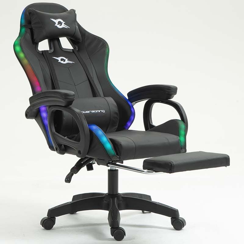 vista frontal da Cadeira Gaming PowerGaming LED RGB com Altifalante Bluetooth, Massagem e Apoio para Pés Preto reclinada