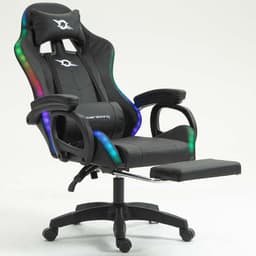 vista frontal da Cadeira Gaming PowerGaming LED RGB com Altifalante Bluetooth, Massagem e Apoio para Pés Preto reclinada