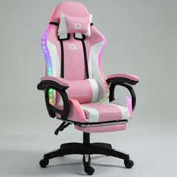 vista frontal y lateral de la Silla Gaming PowerGaming LED RGB con Reposapiés Blanco+Rosa