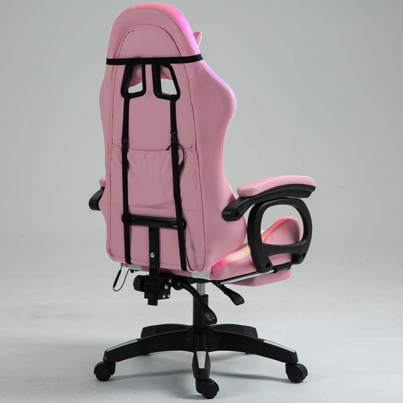 vista trasera y lateral de la Silla Gaming PowerGaming LED RGB con Reposapiés Blanco+Rosa