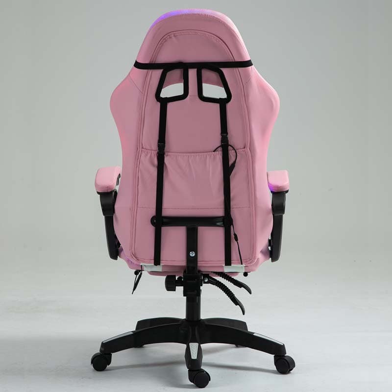 vista trasera de la Silla Gaming PowerGaming LED RGB con Reposapiés Blanco+Rosa