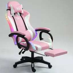vista frontal de la Silla Gaming PowerGaming LED RGB con Reposapiés Blanco+Rosa reclinada