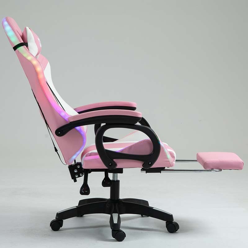 vista lateral de la Silla Gaming PowerGaming LED RGB con Reposapiés Blanco+Rosa reclinada